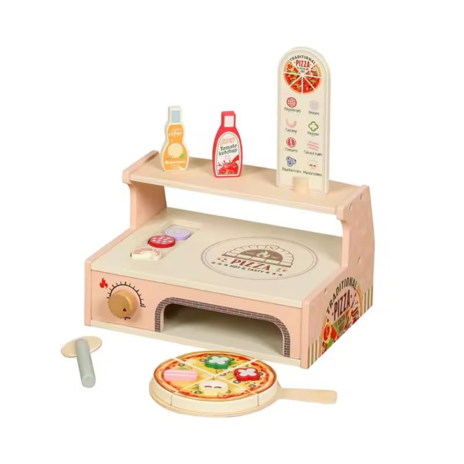 juguete de cocina pizza de madera, vista frontal con ingredientes y horno